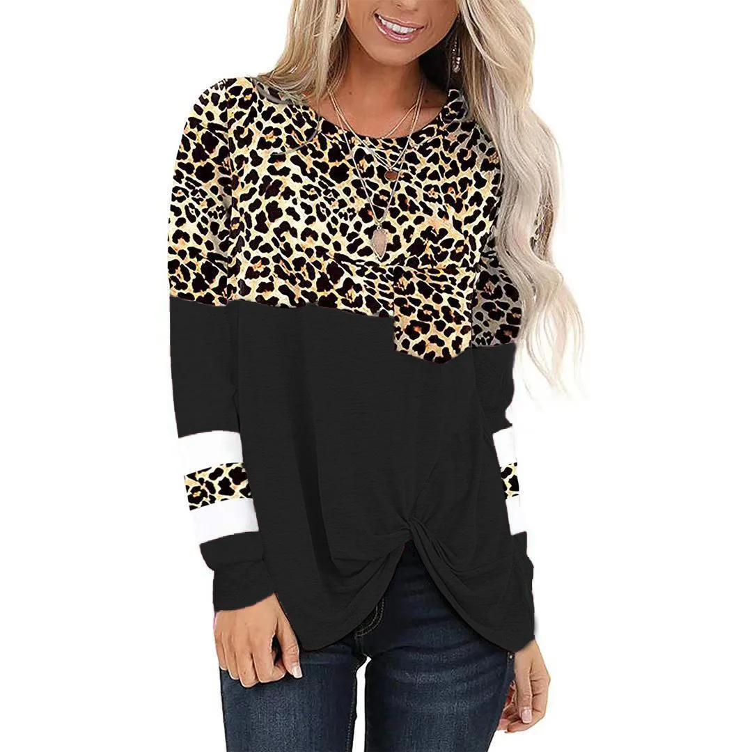 

Spring Women Long Sleeve T Shirt New Casual O Neck Pocket Tops Female Leopard Stitching Tees Fashion Loose Lady Hem Kink T-shirt, As your requirement