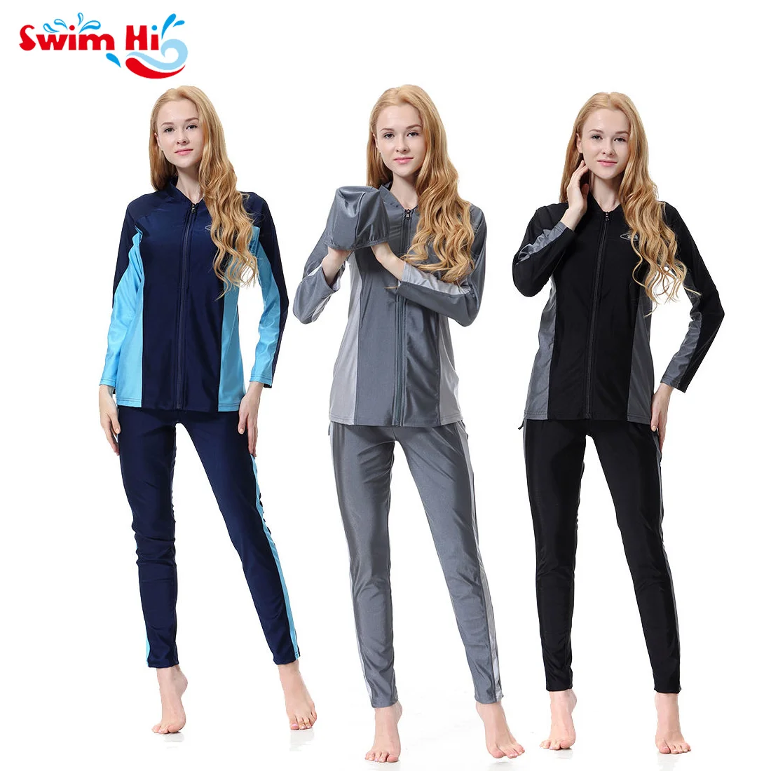 

2023 Hot Selling Muslim Women Full Cover Long Sleeve With Trousers Wear Swimming Three Piece Muslim Swimwear