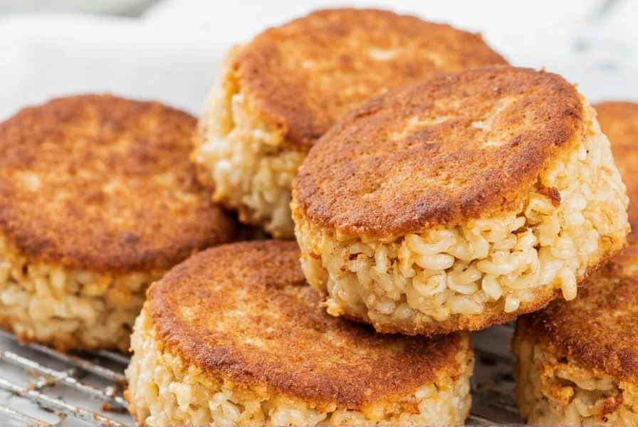 Perfectly golden cinnamon rice cakes arranged on a white plate with cinnamon sugar dusting