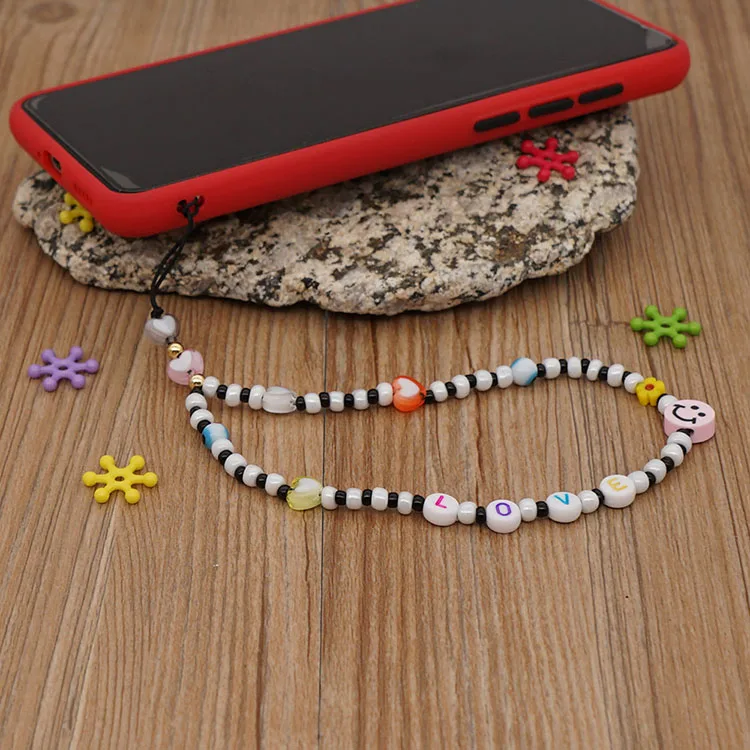 

PC1011 fashion charm fashion glass bead and acrylic letter bead phone chai phone women chain,trendy smiley face chain for ladies