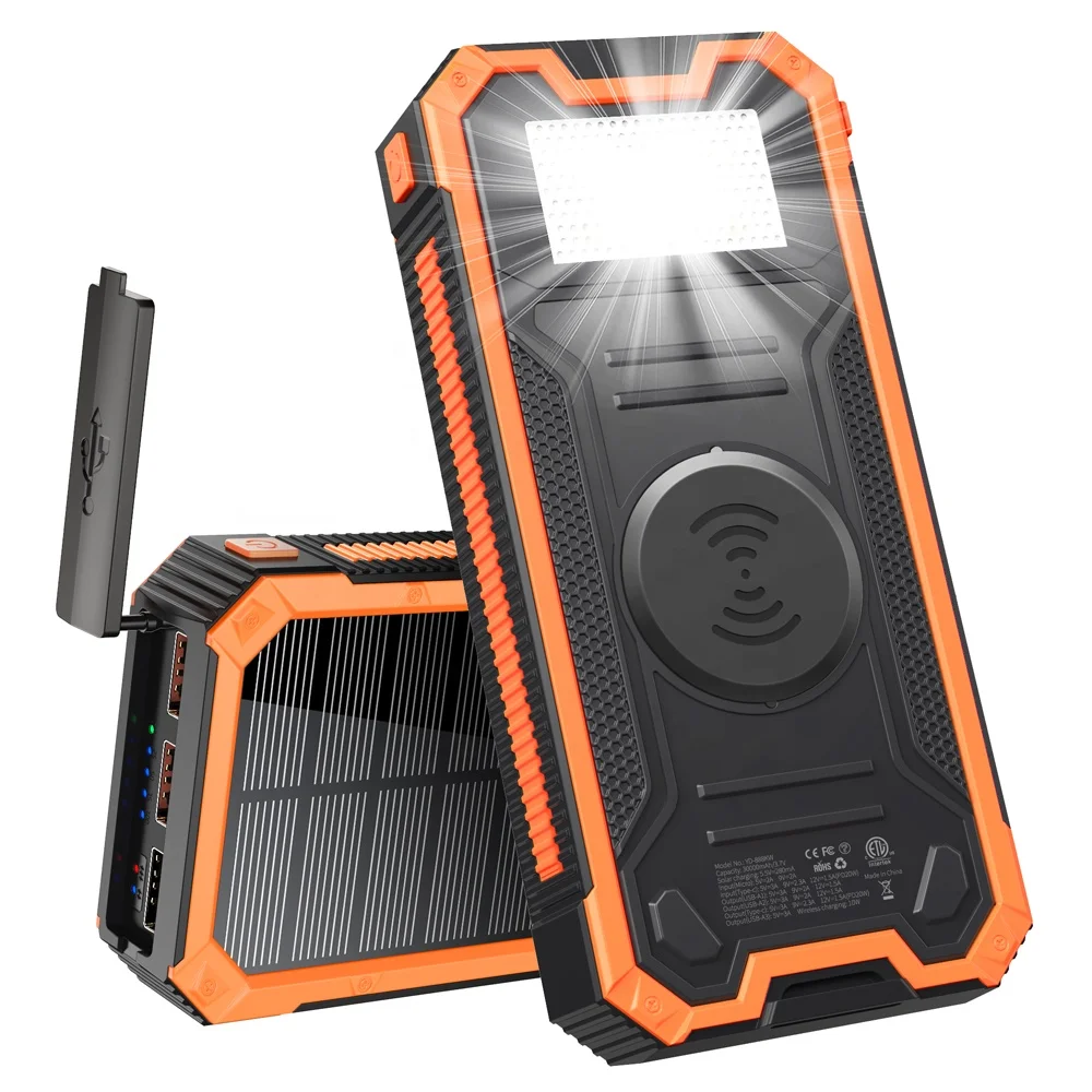 

High Speed Fast charger Hot Sales Solar Power Bank 30000mAh20000mAh Triple USB PD QI10W Wireless Portable Panel 1.4W Waterproof, Black blue,black orange,black green,black red,all black