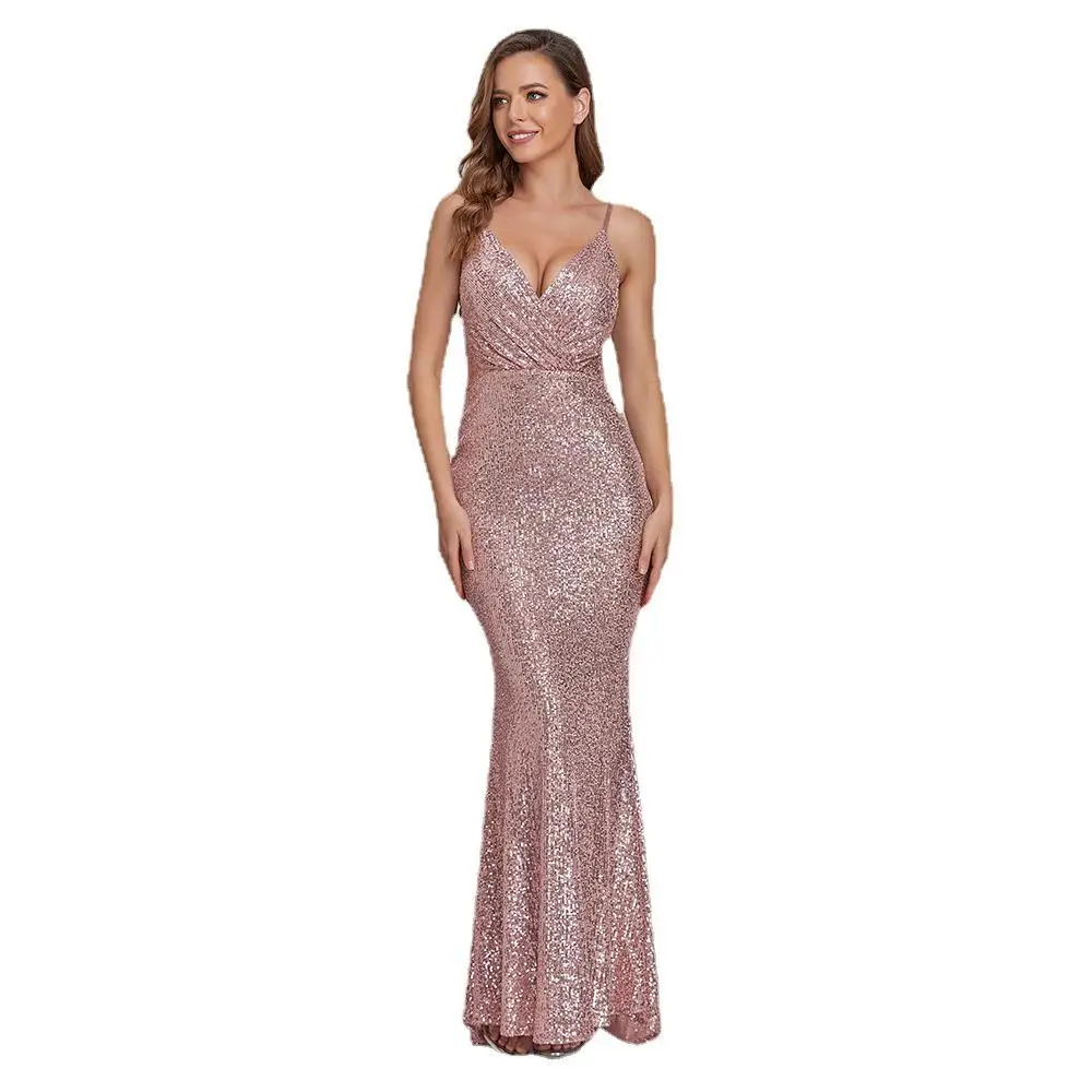 

2022 Pink Sexy Straps Evening Long Dress Dubai Tulle Beading Sequined Formal Women Party Gown Backless Evening Dress