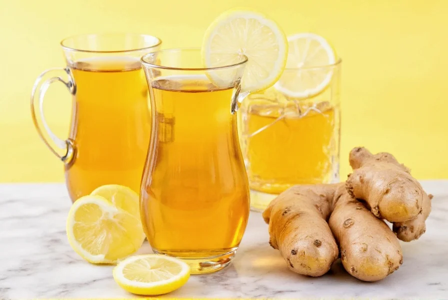 Fresh ginger root and lemon slices arranged for tea preparation