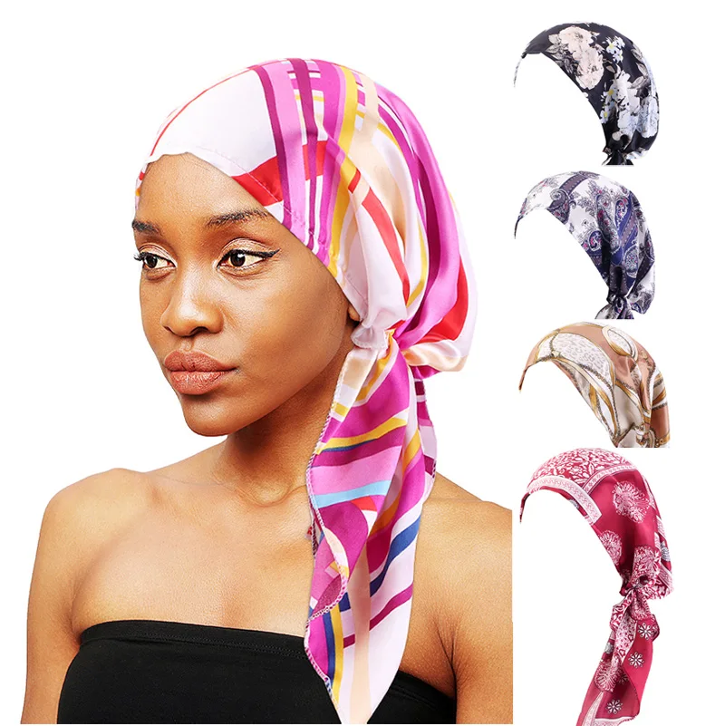 

Colorful Floral Print Pattern Satin Turbans Head Wrap Women Headscarf Pre-tied Tie Turban