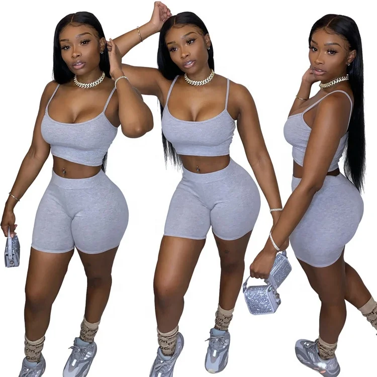

2021 Women Fancy Sleeveless Camisole Colorful Two Piece Outfits Matching Set Blank Fitness Crop Tops+Biker Shorts Suit, As shown picture