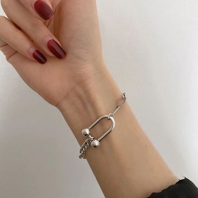 

Ins Hot Sales Vintage Silver Plated Link Chain Bracelet Women U Shape Horseshoe Bracelet, Picture