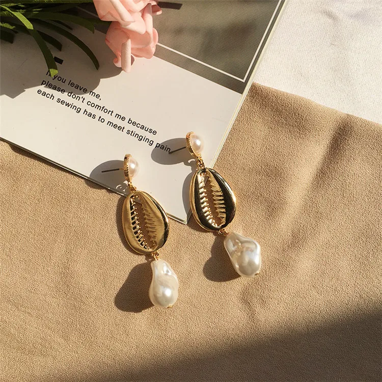 

Bohemia Summer Beach Style 18k Gold Plating Shell Pearl Earrings Sea Cowrie Shell Freshwater Pearl Drop Earrings