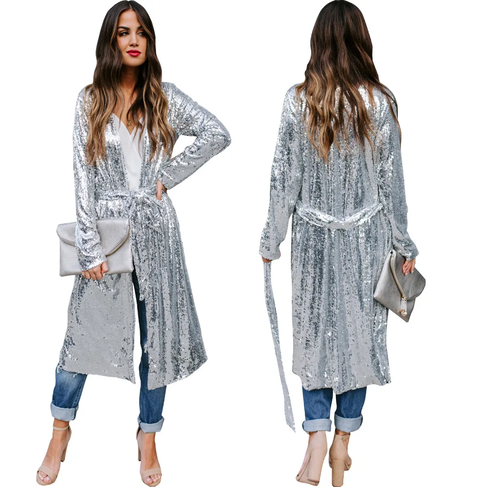 

Trendy fashion sequin jackets girls shine sparkle designer coats for women lapel long dress plus size women shiny jacket