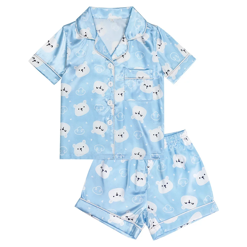 Hot selling new design cute animal printed silk/satin cotton pajamas summer sleepwear 2 piece Floral pajamas set for kids