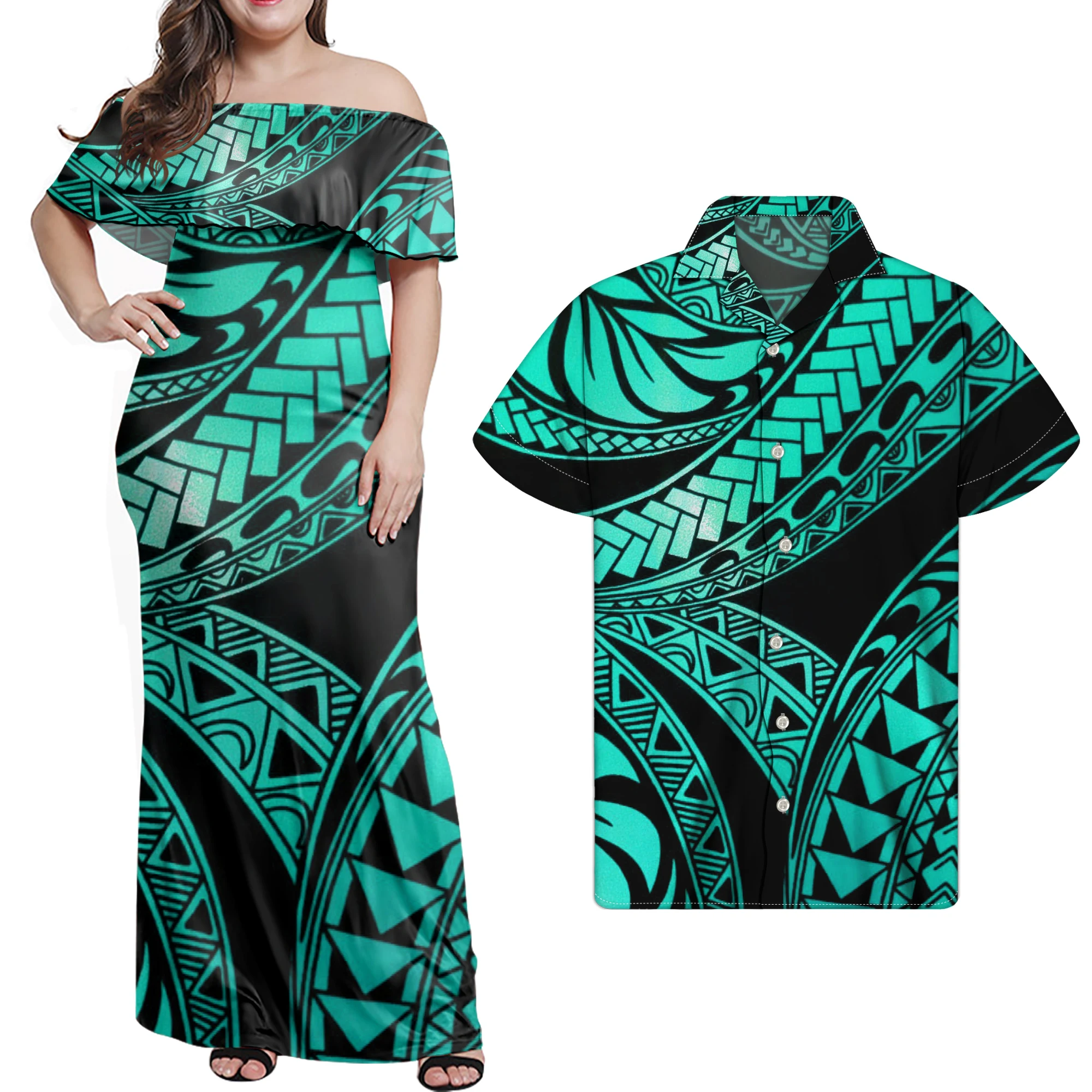 

Colorful Sprakle Polynesian Tribal Clothes for Couples Designer Women Off Shoulder Long Sleeve Dress Unique Elegant Ladies