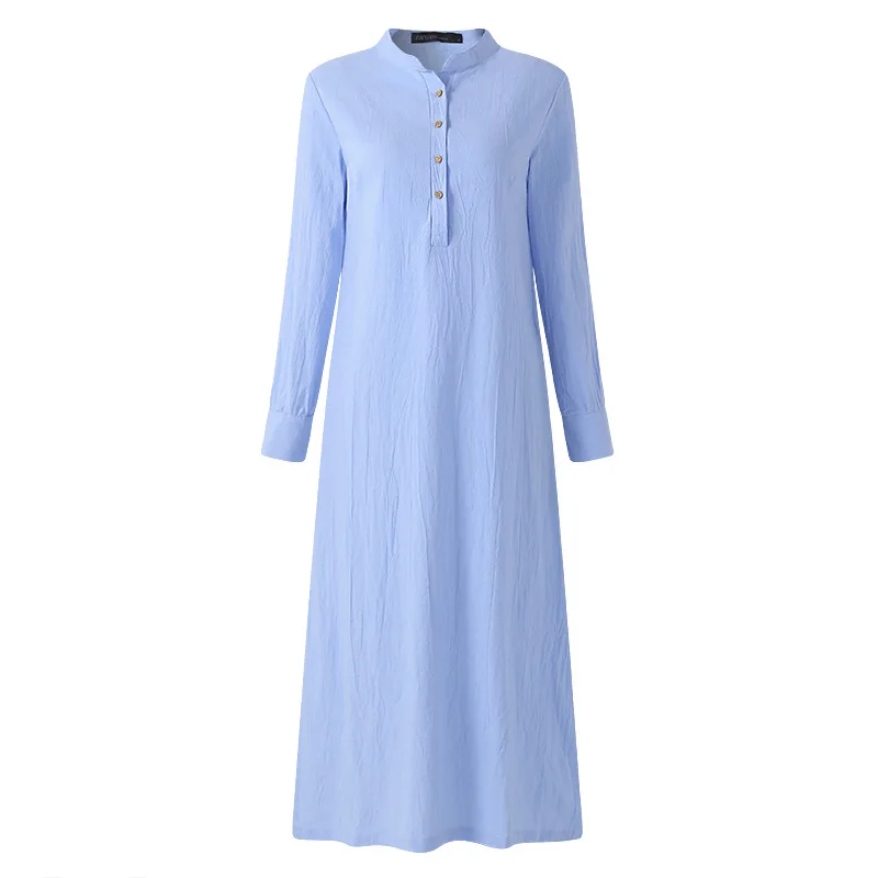 

Factory Outlet 2020 Europe and America Loose Retro Long Dress Stand Collar Sexy Long Sleeve Shirt Casual Dress, Shown