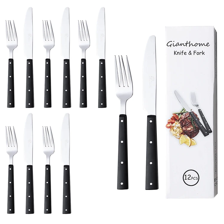 

12 pcs steak set 6 Knives 6 Forks luxury flatware plastic black handle design stainless steel steak knife and fork set