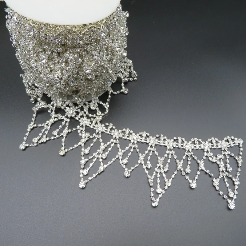 

Luxury Bling Decorative Silver Glass Crystal Fringe Trim Strass DIY Copper Metal Rhinestones Cup Chain for Shoes Decoration, Silver,gold,or customization