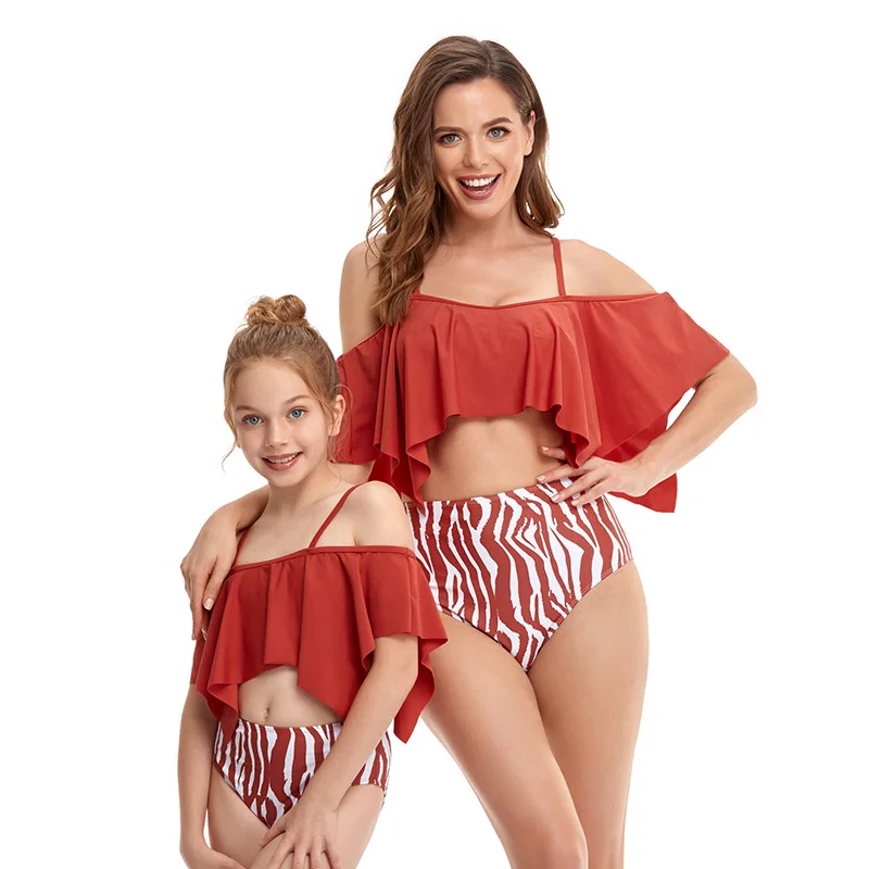 

2021 new summer factory price two piece Parenting swimsuits Summer Sexy Beach Off The Shoulder Printed Smocked High Waist Bikini, Customized color