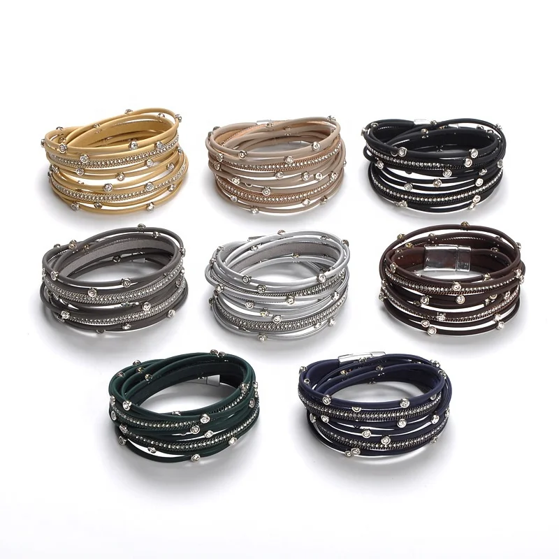 

New Arrival Gift Accessories Fashion Magnet Clasp Rhinestone Woman Multilayer PU Leather Bracelet