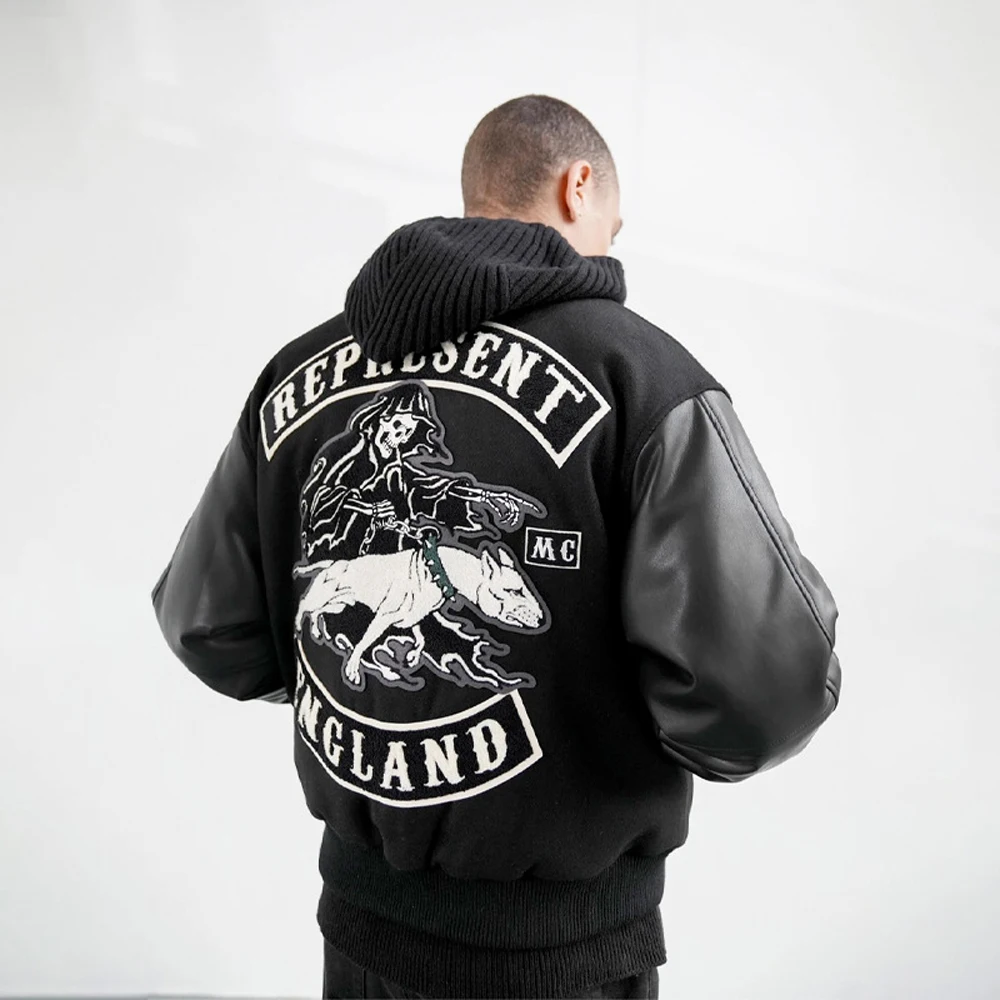 

Cotton Fleece Baseball College Jackets Winter American High Street Jacket Vintage Leather Sleeve Chenille Embroidered Jackets