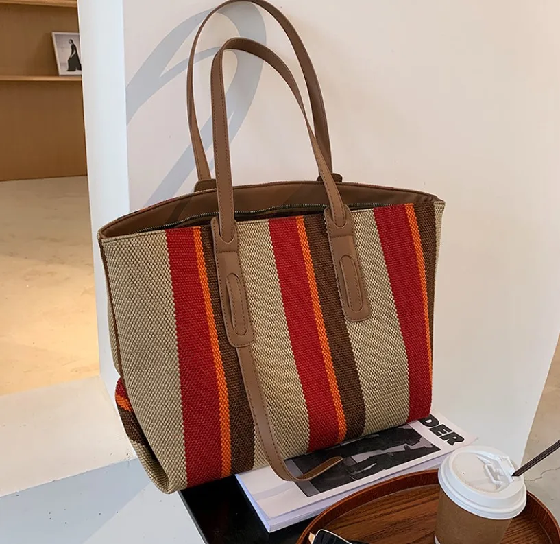 

2021 Fashion Large Canvas Shoulder Tote Bag with leather Strap for Women