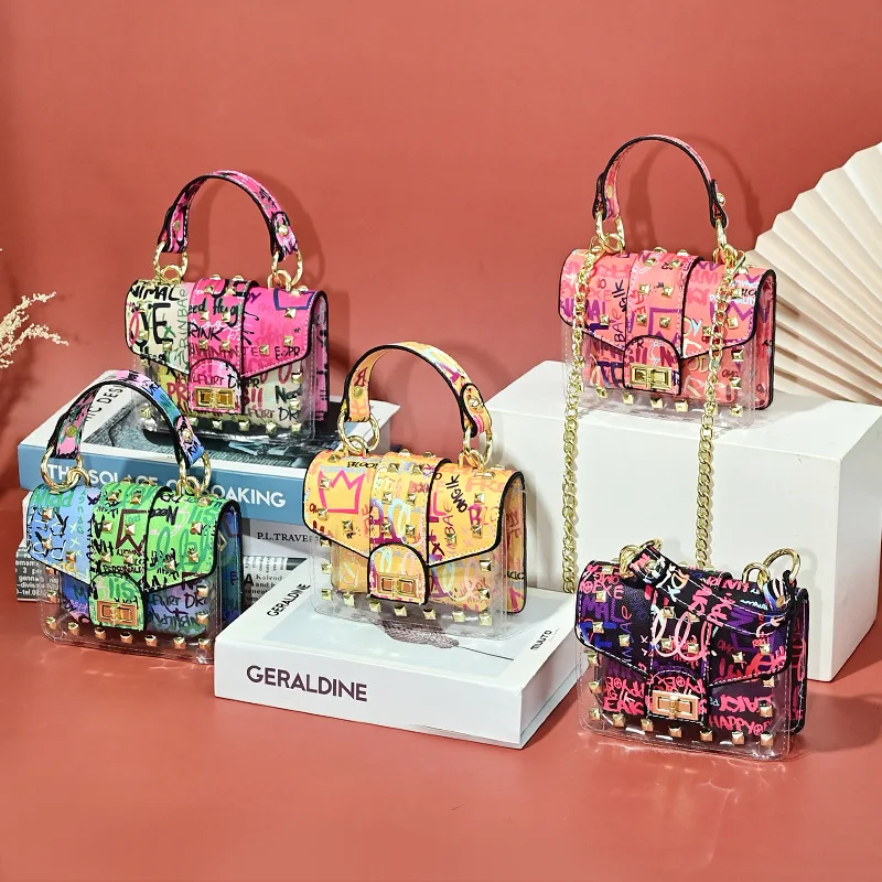 

Wholesale rivet graffiti color handbag trend portable slanting cross women's handbags ladies, As pics