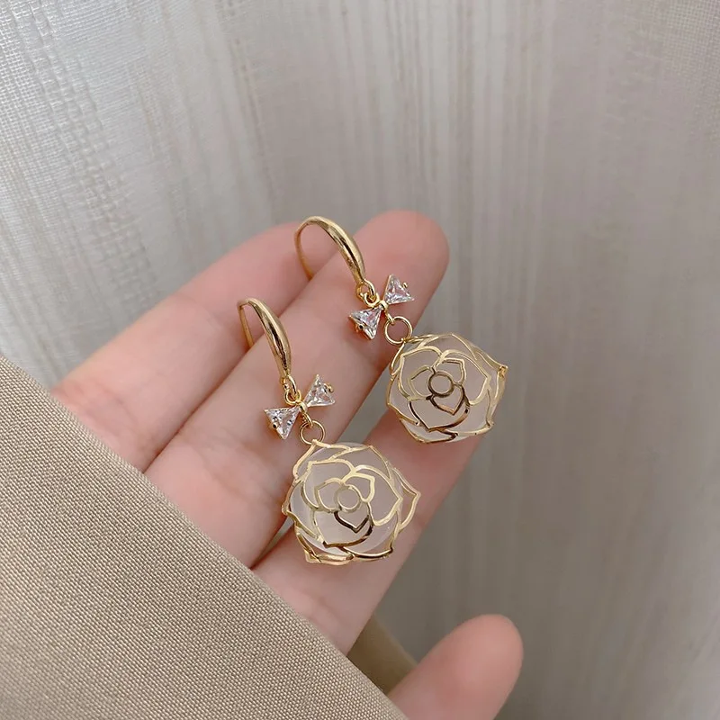 

luxury rose flower resin earrings diamond natural stones drop earrings