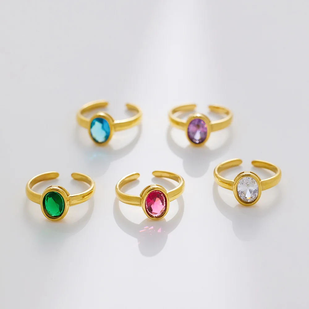 

Unique Design Gold Plated Multicoloured Oval CZ Ringent Gemstone Stainless Steel Ring For Women R074