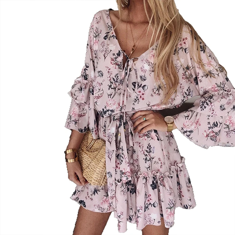 

Sweet style v-neck tie long sleeve floral skirt hem ruffle summer printed floral women print dress