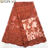 

Burnt orange color nigerian french lace fabric 2020 embroidery african fabrics with sequins for wedding dress
