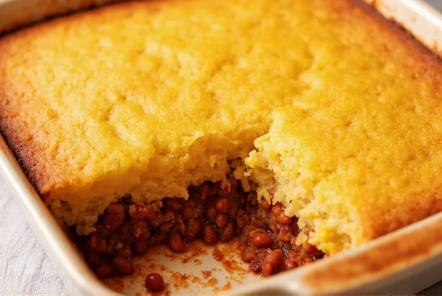 Perfectly baked chili and cornbread casserole with golden crust and visible chili layer underneath