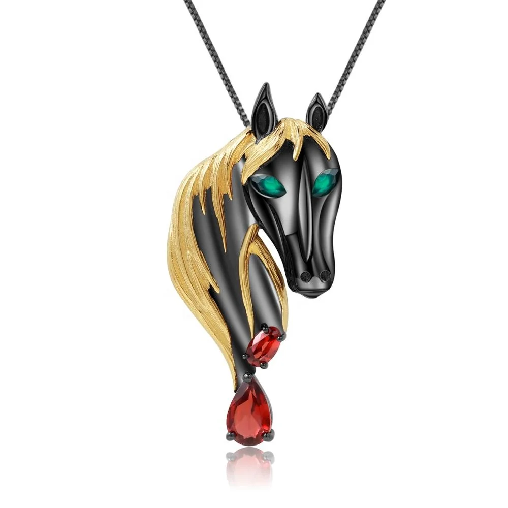 

Abiding Natural Red Garnet Stone Horse Zodiac Jewelry 925 Sterling Silver Pendant Necklace Brooch Women