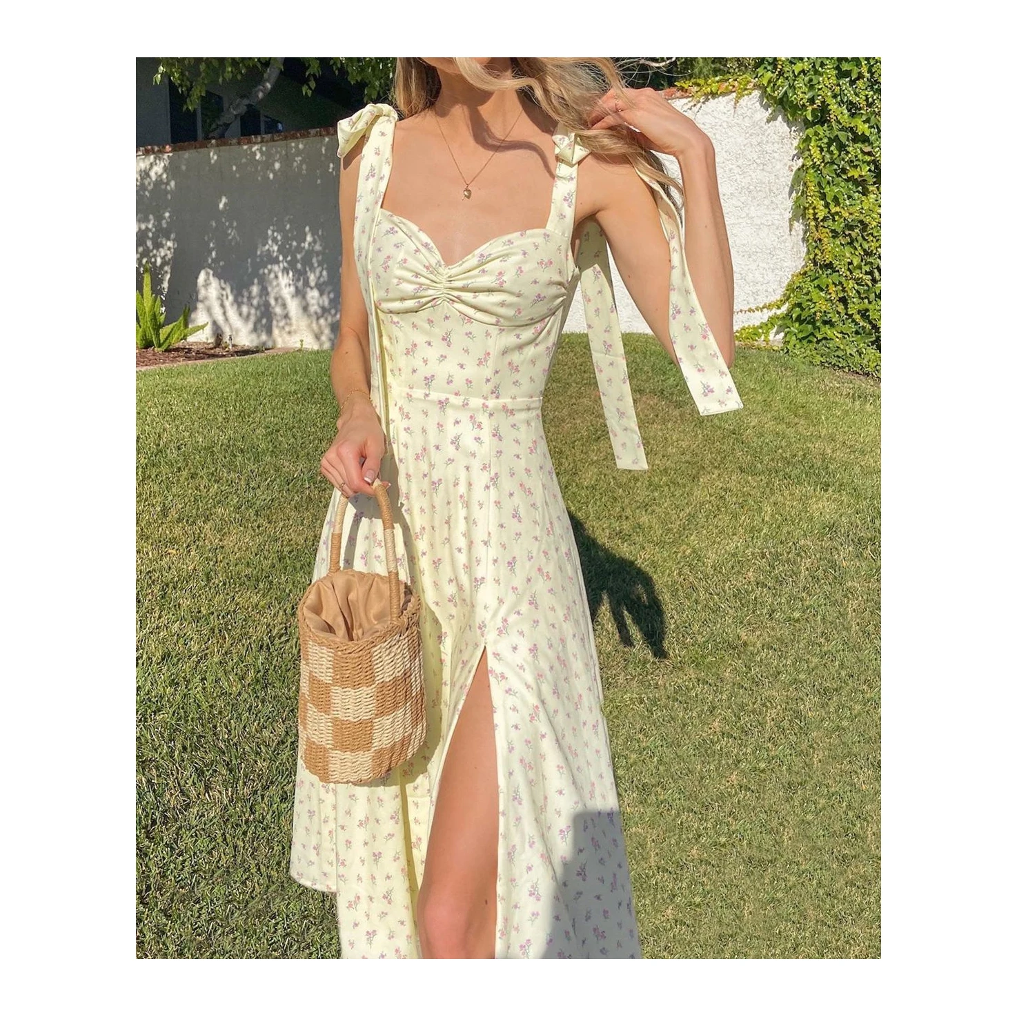 

Ladies Banquet Strap Lace up High Waist Print Floral V Neck Slit Long party dresses sexy Casual Sundress Vestido Bohemio