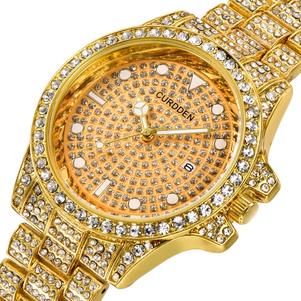 

Day Date Luminous Luxury Gold Full Diamond Watches Men Bling Quartz Hip Hop Iced Out Watch Reloj diamante