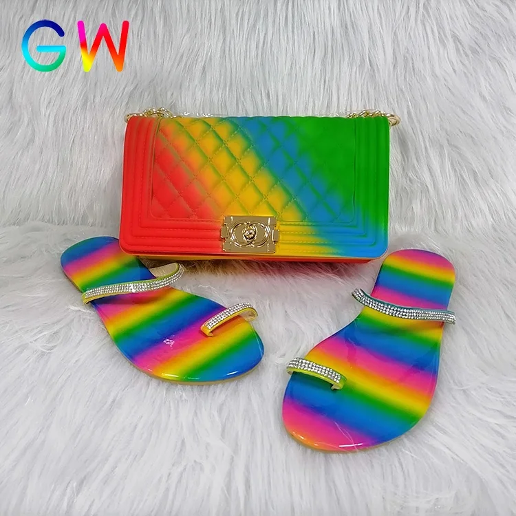 

Customized Jelly Candy Colorful Summer Beach Flats Ladies Fashion Outdoor Slides With Women Jelly Handbags
