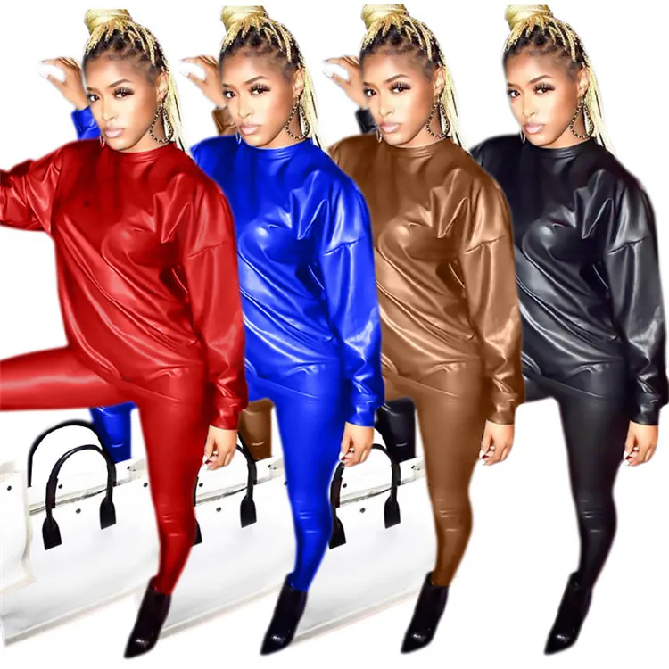 

Hot selling fall new women clothes long sleeve plus size leather pants set clothes