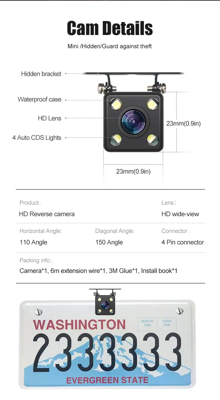 Hot Selling 4 LED Waterproof 12V Universal Car Rear View Camera Reverse Back Up Car parking Camera