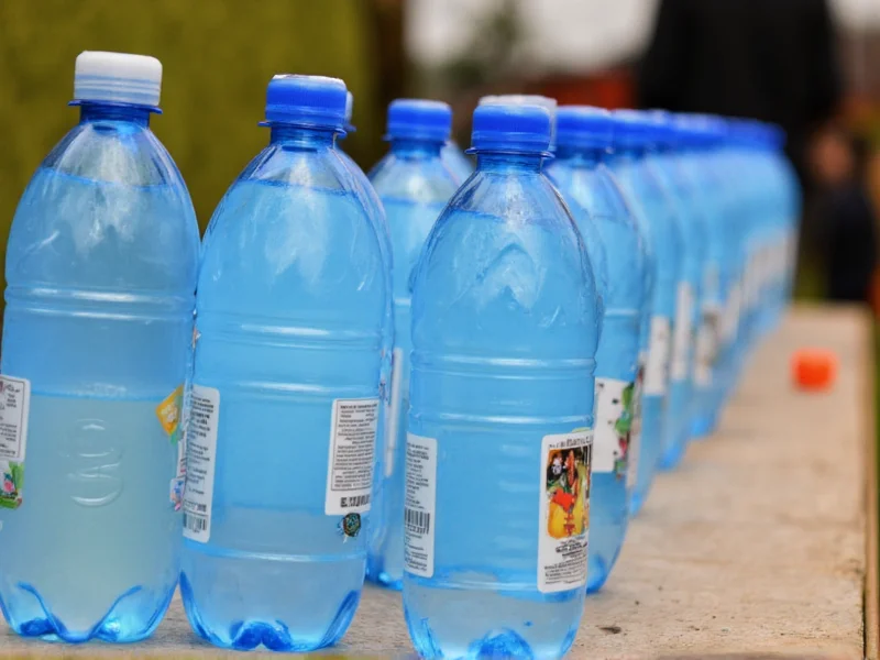 Plastic water bottles lined up for carnival bottle flipping game