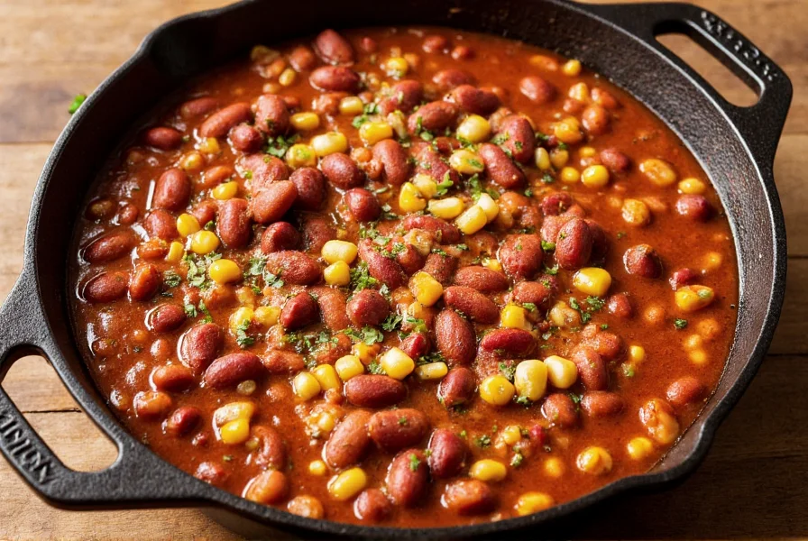 Vegetarian bean chili with multiple beans, corn, and spices in cast iron pot