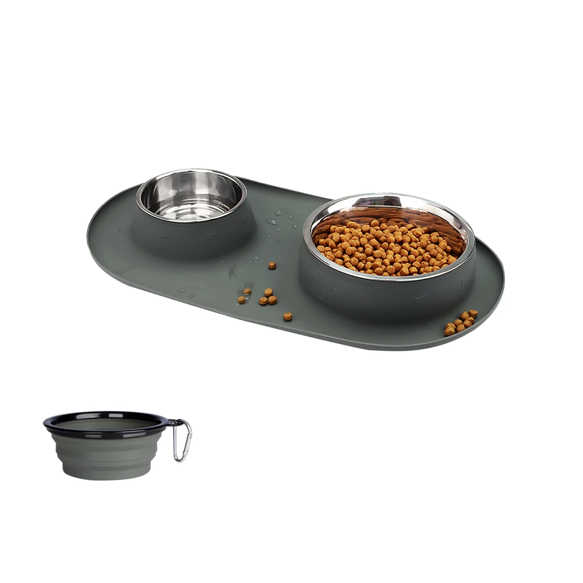 

Non Spill Skid Resistant Silicone Mat Stainless Steel Double Dog Bowls For Water And Food, Blue, pink, black, gray