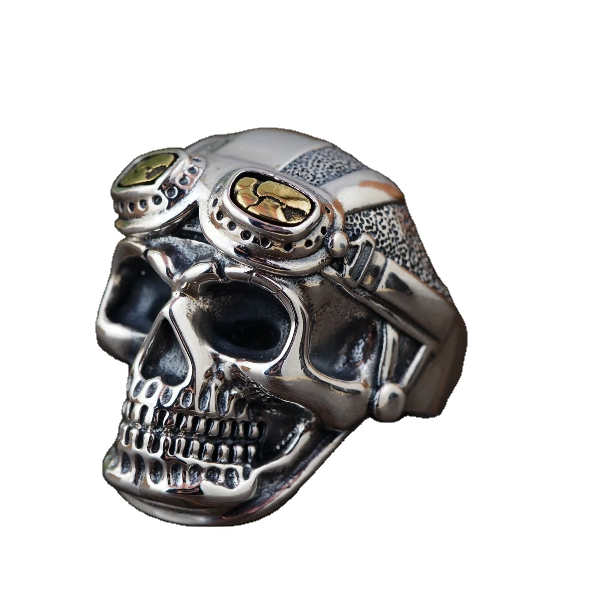 

Skull Head With Pilot Glass Mens Rings Resizable Vintage Punk Personalized Biker Rings, Silver