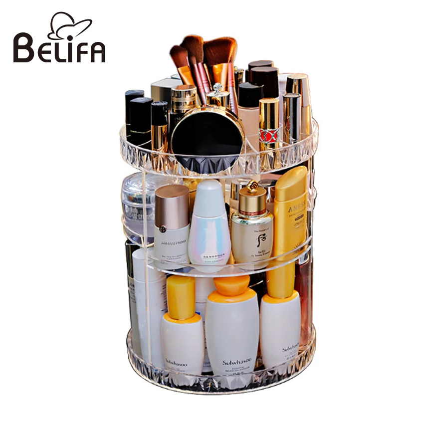 

Large acrylic cosmetic rotatable plastic storage tray box and 360 degree organiser rotation rotating adjustable makeup organizer