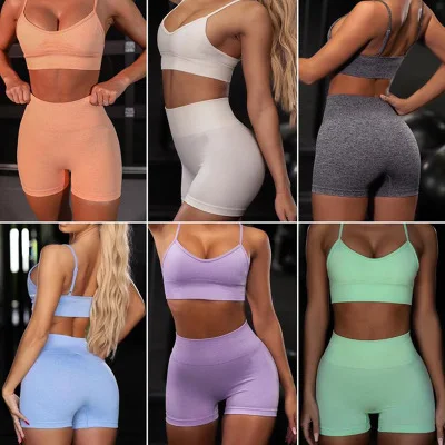 

Custom Logo Best Selling Women Gymwear Padded Bra High Waist Bilker Shorts Set Bright Color Seamless 2 Piece Yoga Set, 6 colors, as pictuer showed