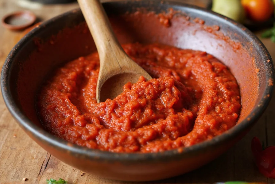 Artisan preparing traditional Calabrian pepper paste in ceramic bowl using wooden spoon