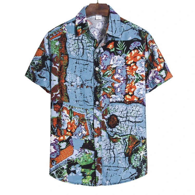 

2021 Best selling fashion printed shirt men casual handsome men button up shirt summer loose hawaiian shirt men