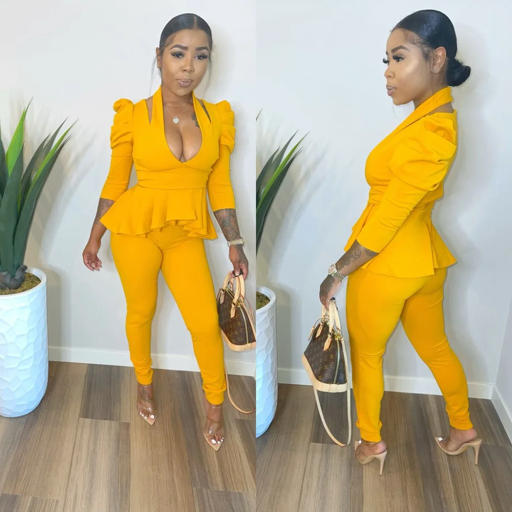 

2021 women clothing fashion ruffled fashion long sleeve pant set yellow color women two piece set, Tie dye dress