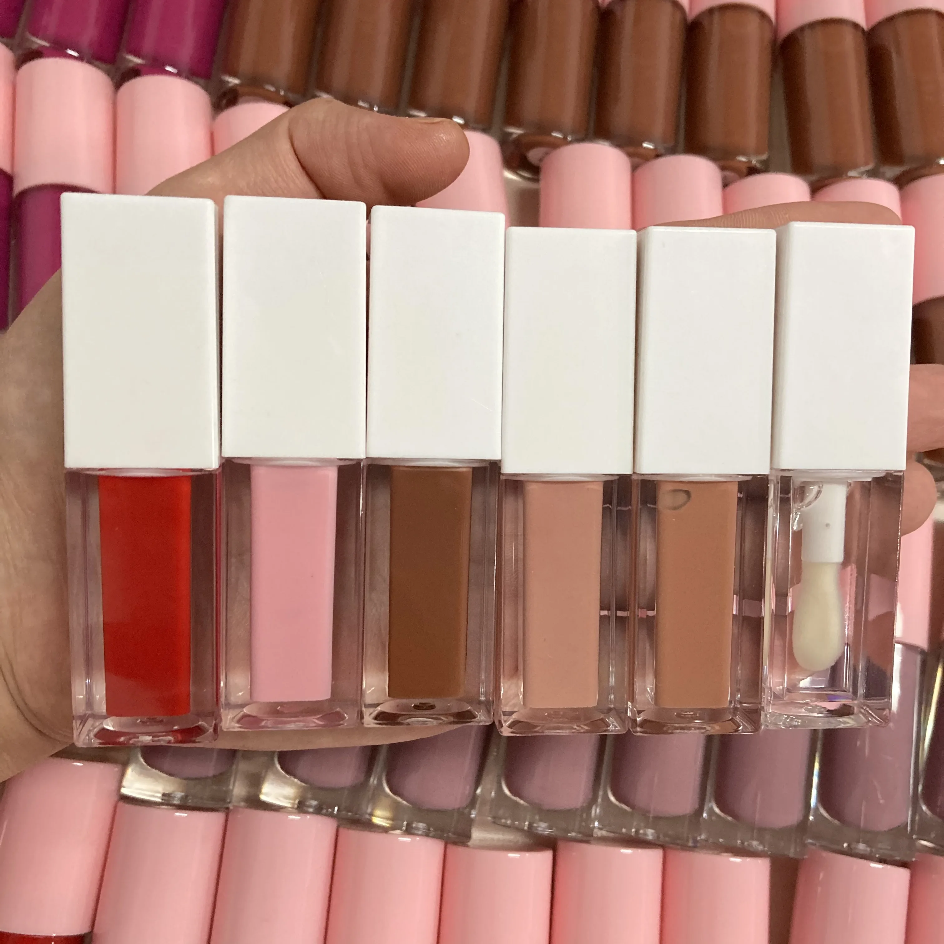 

New lip gloss tube square white pink big brush cute shea butter glossy glitter lip gloss private label