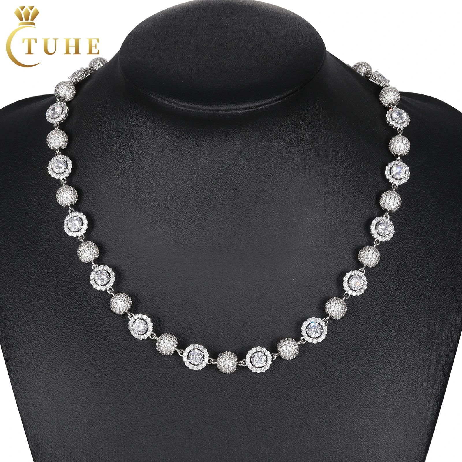 

Fashion Mens Jewelry 12mm 925 Sterling Silver VVS Moissanite Diamond Iced Out Bead and Halo Mix Link Chain Necklace