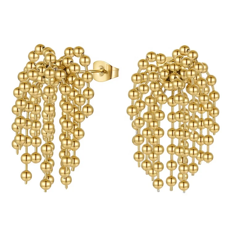 18K Gold Plated Stainless Steel Jewelry Steel Bead Tassel Ear Studs Accessories Earrings E211293