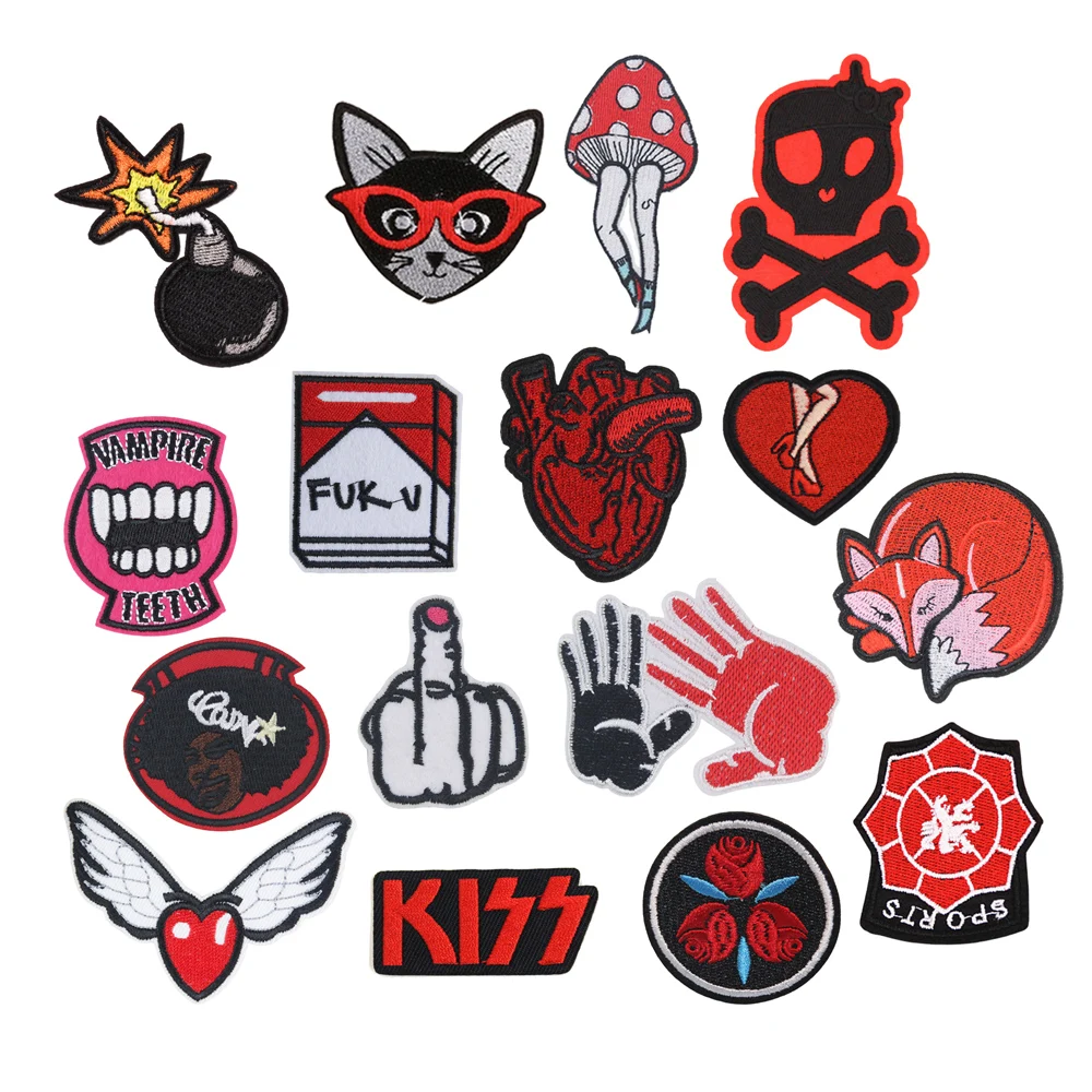 

hot sale punk style red series fashion garment custom embroidery patches iron on for clothes bag cap