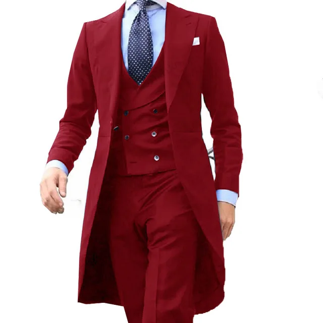 

2021 New Arrival l Long Coat Designs Chinese Red Men Suit Gentle men Tuxedo Prom Blazer Custom 3 Pieces (Jacket+vest+Pants), Custom made