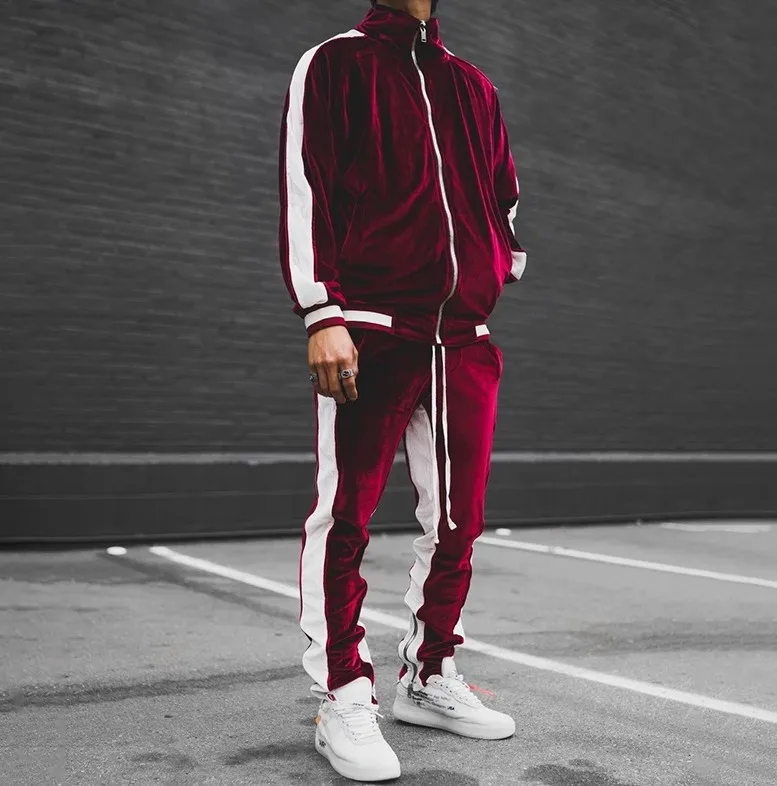 

D1400- 2021 new arrival Sports hit color casual gold velvet men's two piece set