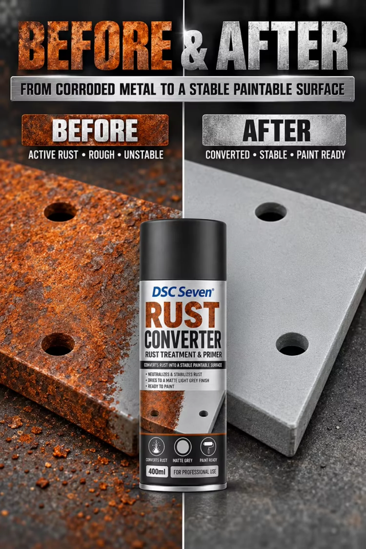 400ml Acrylic Aerosol Rust Converter Spray Paint for Rust Treatment and Steel Metal Restoration