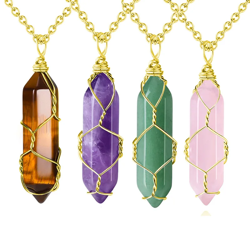 Wholesale Winding Hexagonal Pendant Necklace Natural Stone Crystal Bullet Pendant Necklace With Gemstone Pendant Jewelry